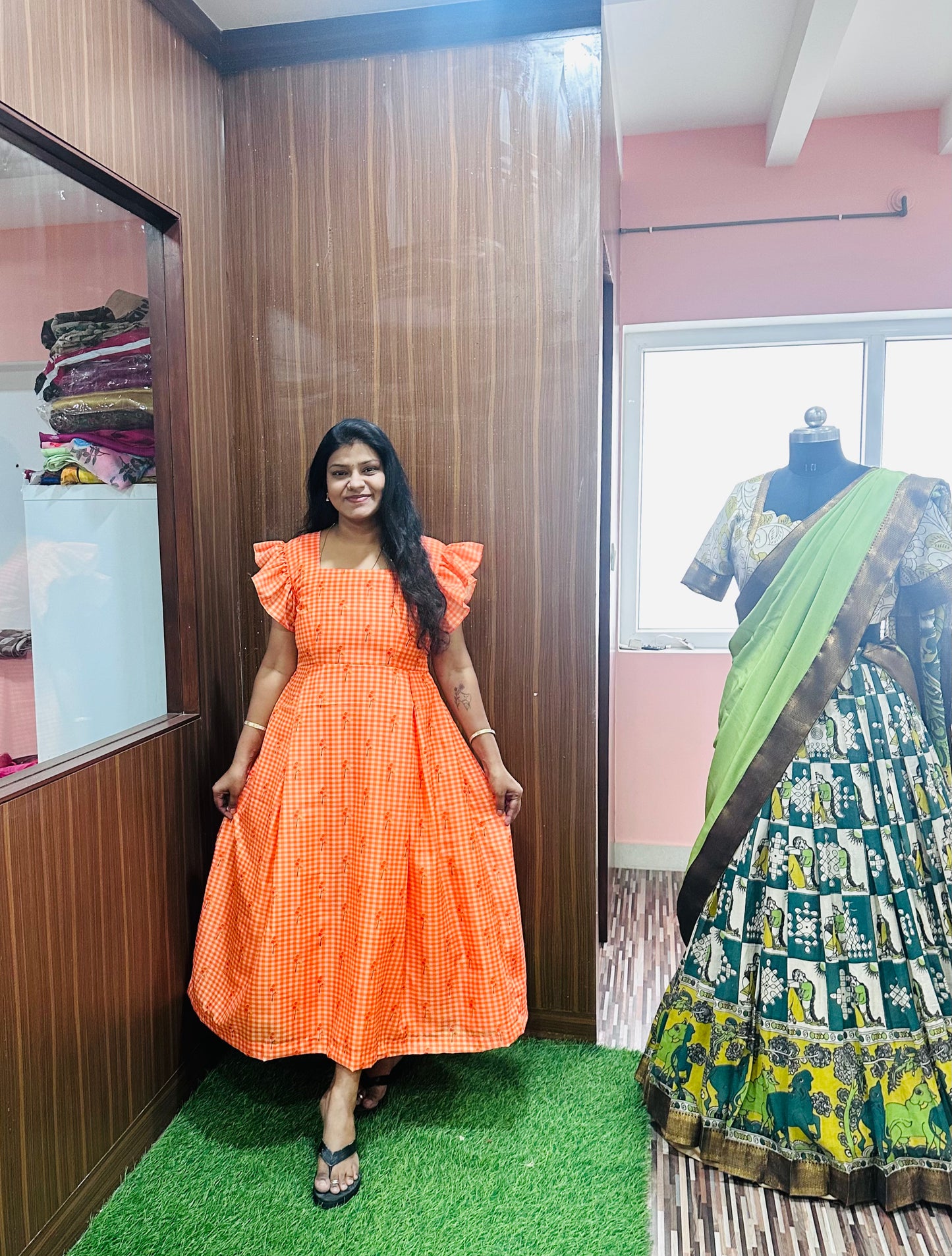 Mul Checks Pure Mul Chanderi Long Dress | Sleeve Pattern