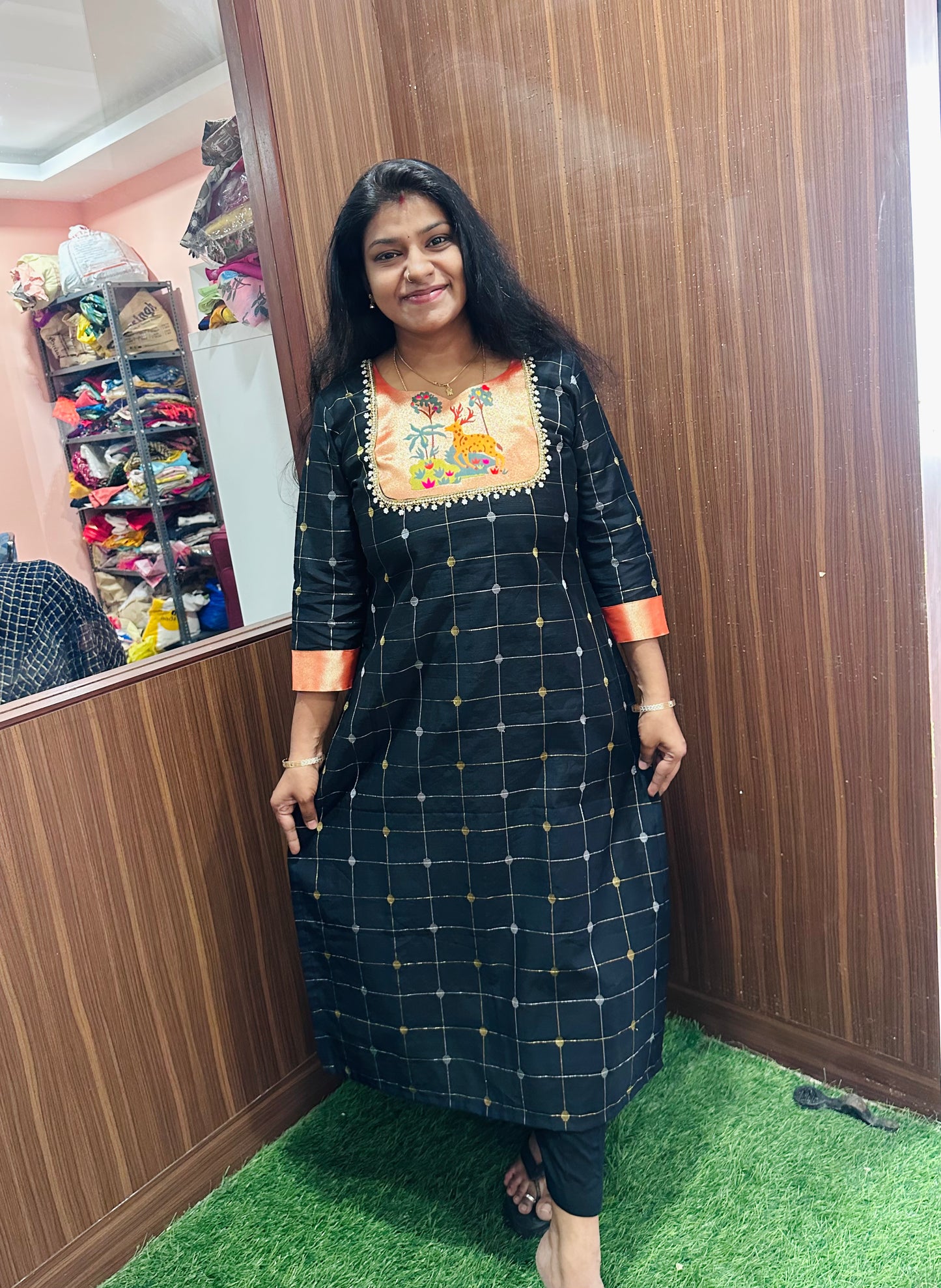 Black Paithani Raw Silk Kurti | Zari Checks with Paithani Yoke