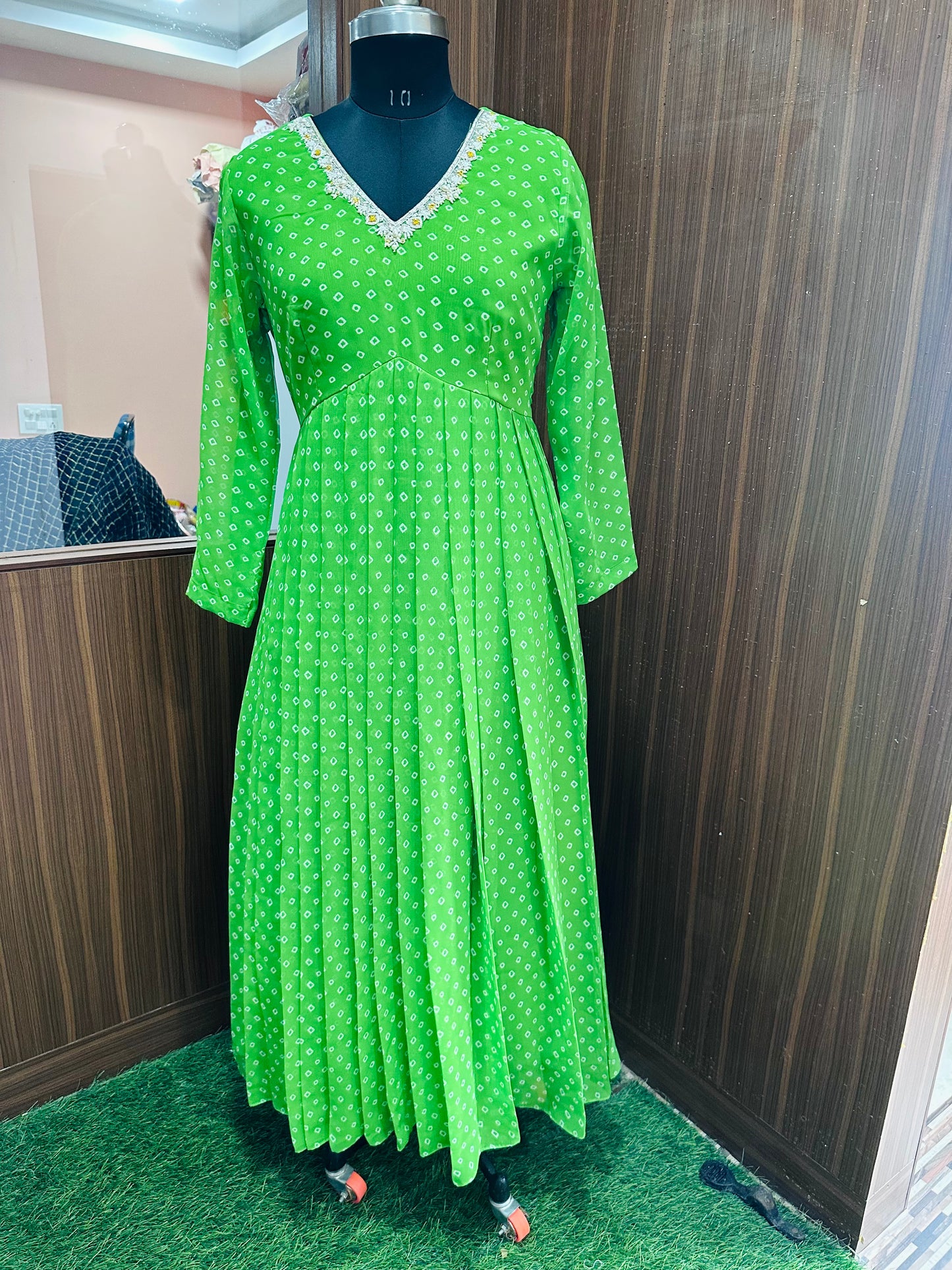 Green Bandhini Georgette Long Dress | Iron Pleats with Yoke Work