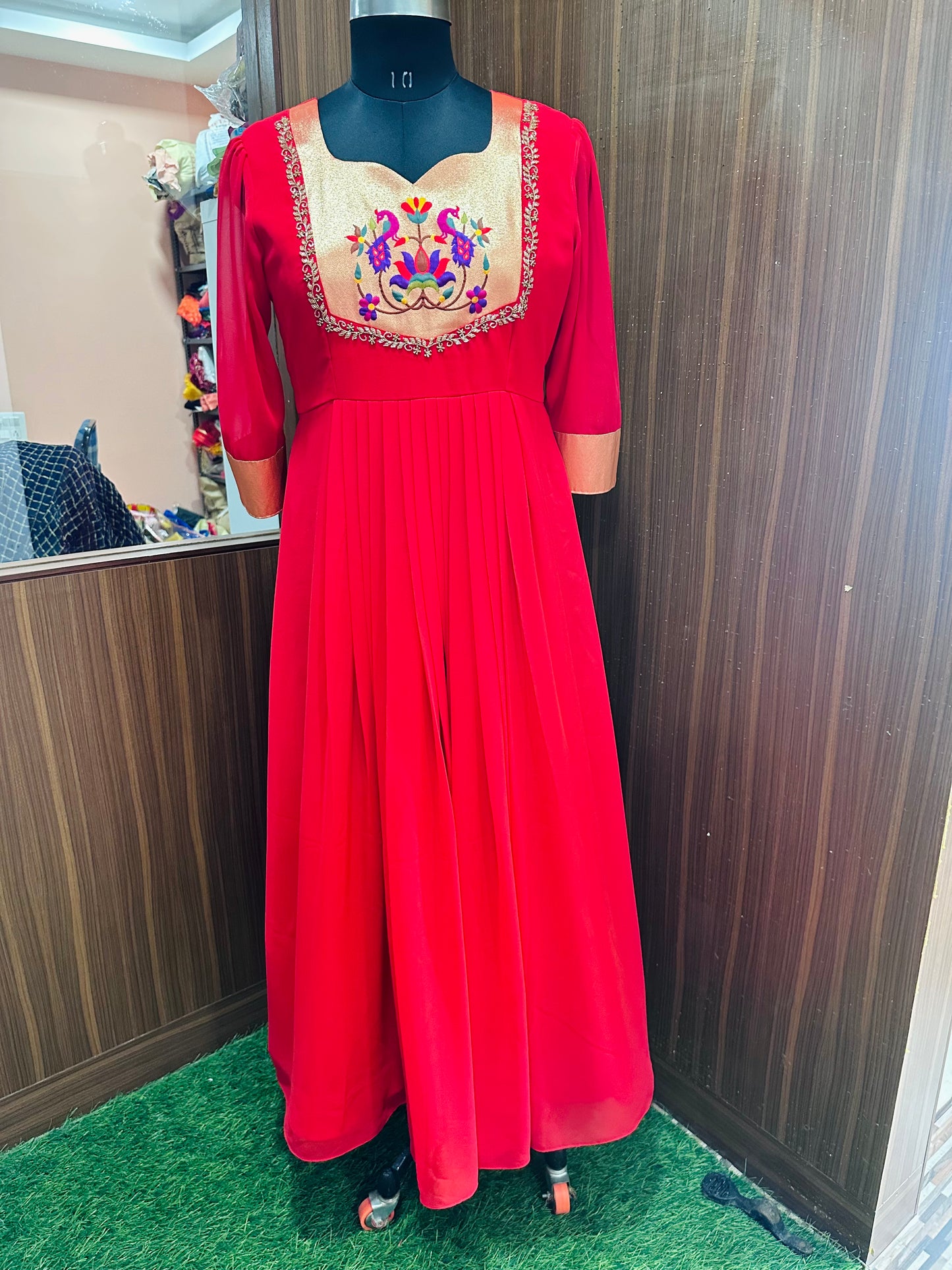 Red Paithani Georgette Long Dress | Paithani Patch with Yoke Work