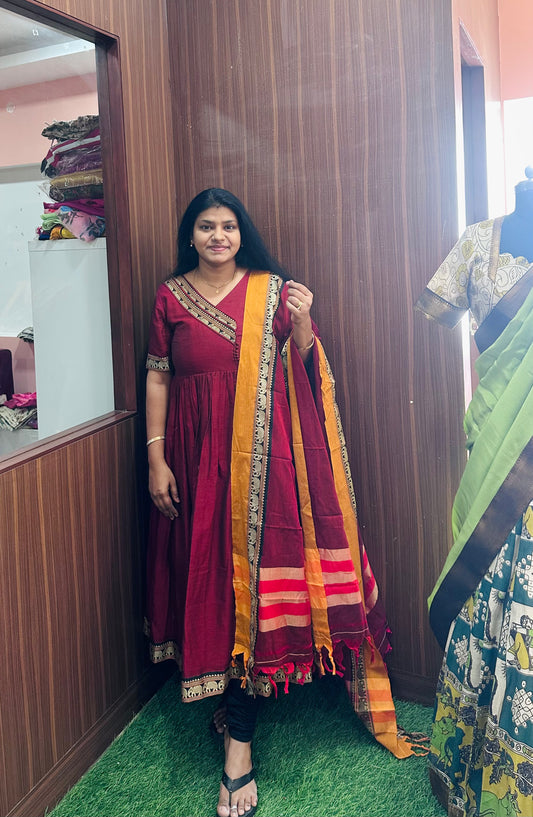 Color 1 Narayanpet Pure Cotton Long Dress with Dupatta | Yoke Pattern