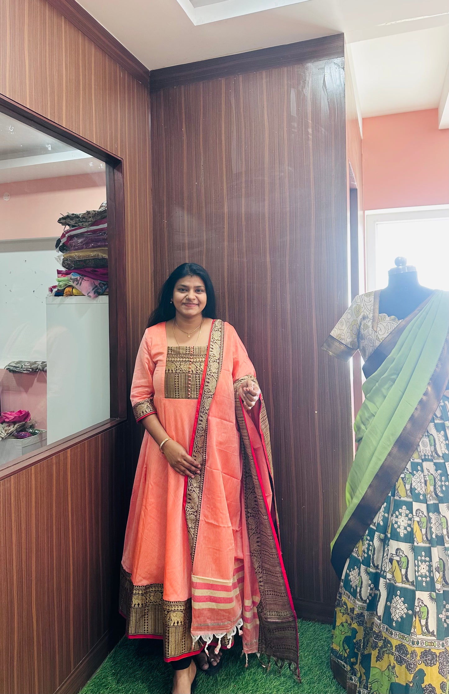 Color 2 Narayanpet Pure Cotton Long Dress with Dupatta | Yoke Pattern