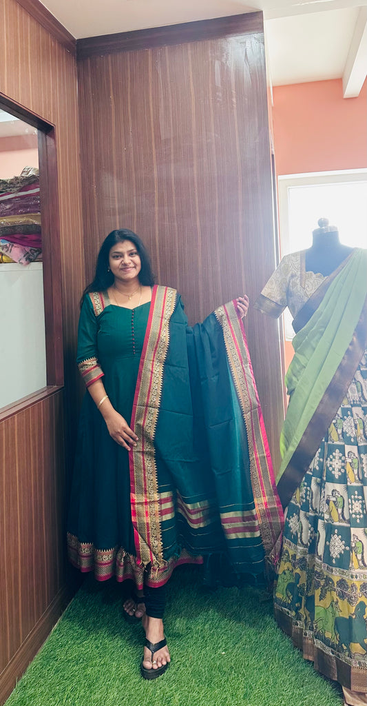 Color 3 Narayanpet Pure Cotton Long Dress with Dupatta | Yoke Pattern