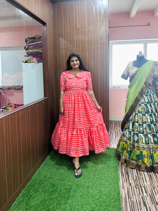 Color 1 Mul Checks Pure Mul Chanderi Long Dress | Neck & Sleeve Pattern