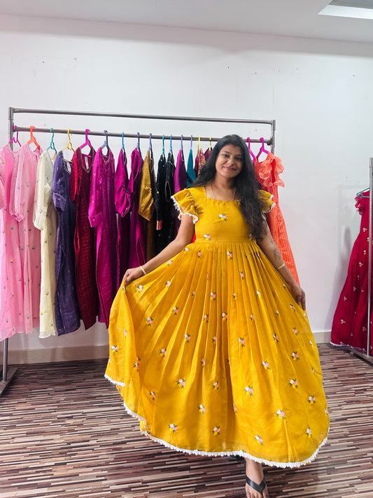 Kota Rose Silk Long Dress | Embroidered Flower with Ruffle Sleeves