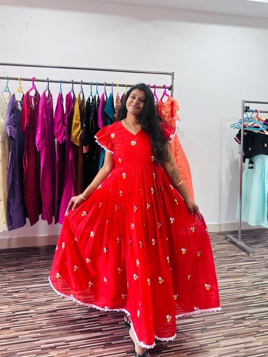 Kota Rose Red Silk Long Dress | Embroidered Flower with Back Pattern