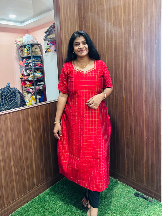 Red Rose Raw Silk Kurti | Zari Checks with Scallop Sleeves