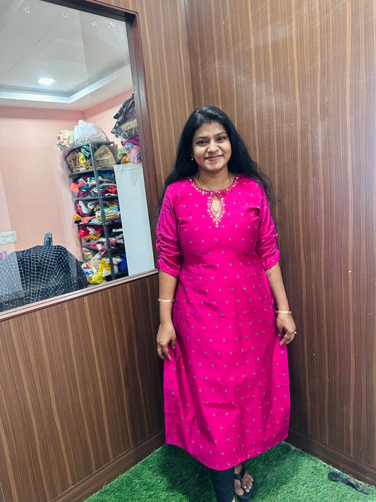 Pink Rose Raw Silk Kurti | Blue Butis with Keyhole Neckline