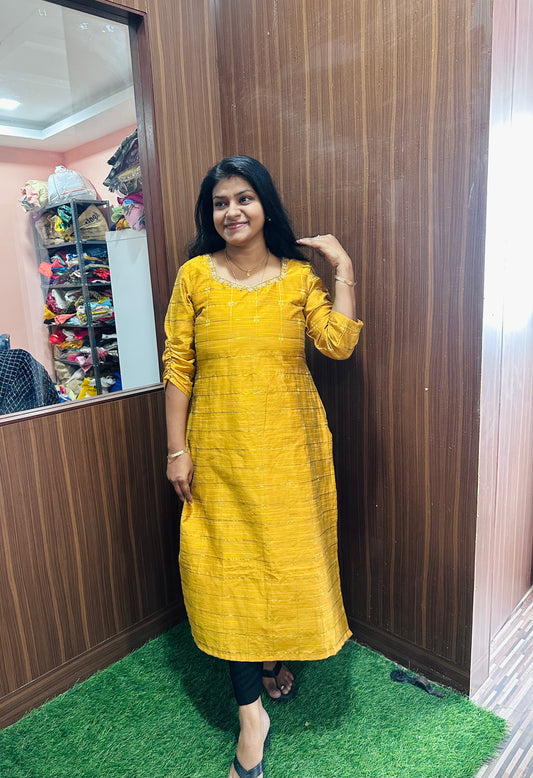 Yellow Mustard Raw Silk Kurti | Zari Checks with Embroidered Neckline