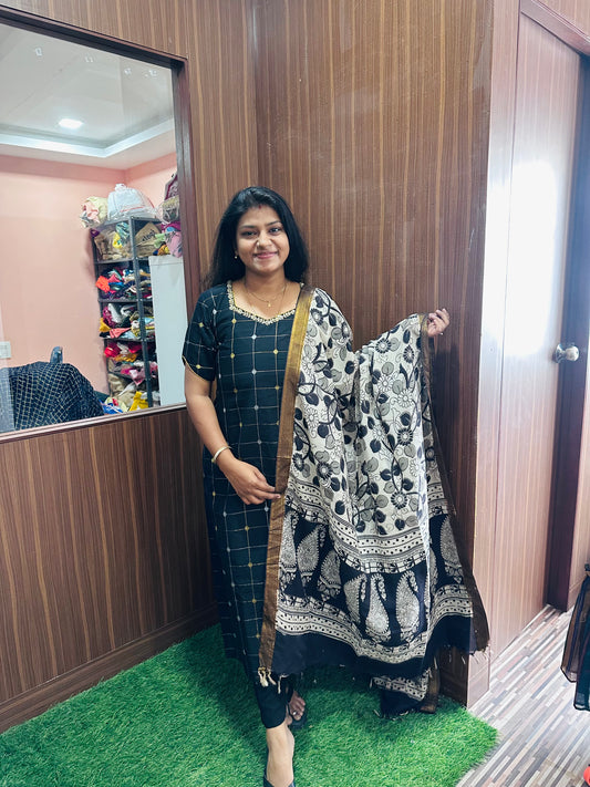 Black Checks Raw Silk Kurti with Kalamkari Dupatta | Zari Checks