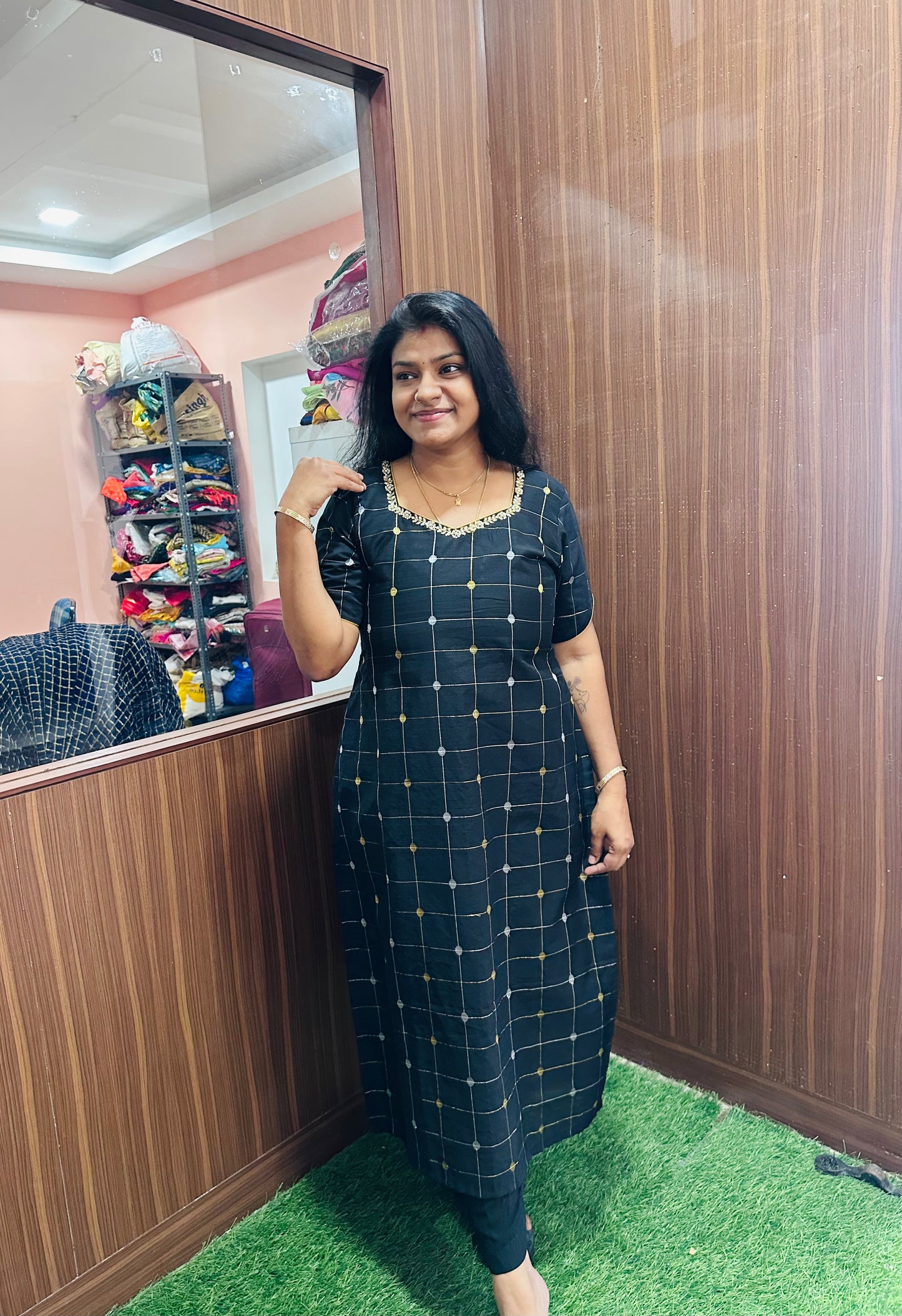 Black Checks Raw Silk Kurti | Zari Checks with Embroidered Neckline