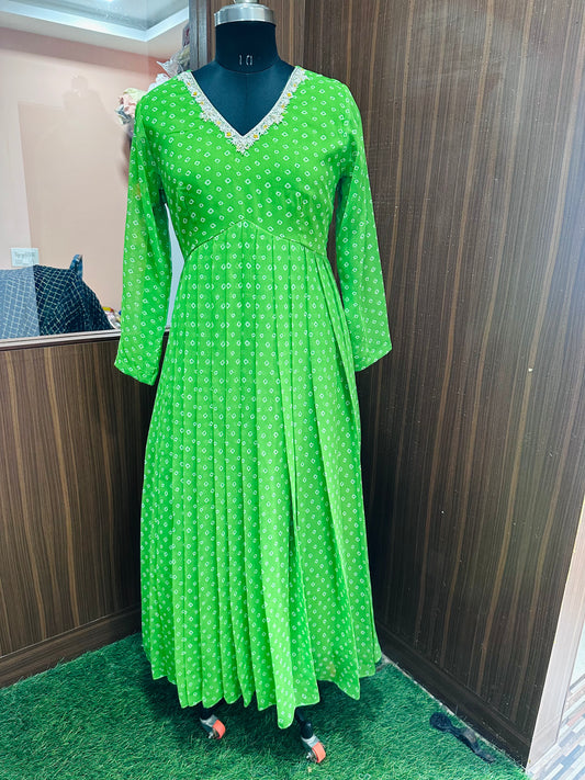 Green Bandhini Georgette Long Dress | Iron Pleats with Yoke Work