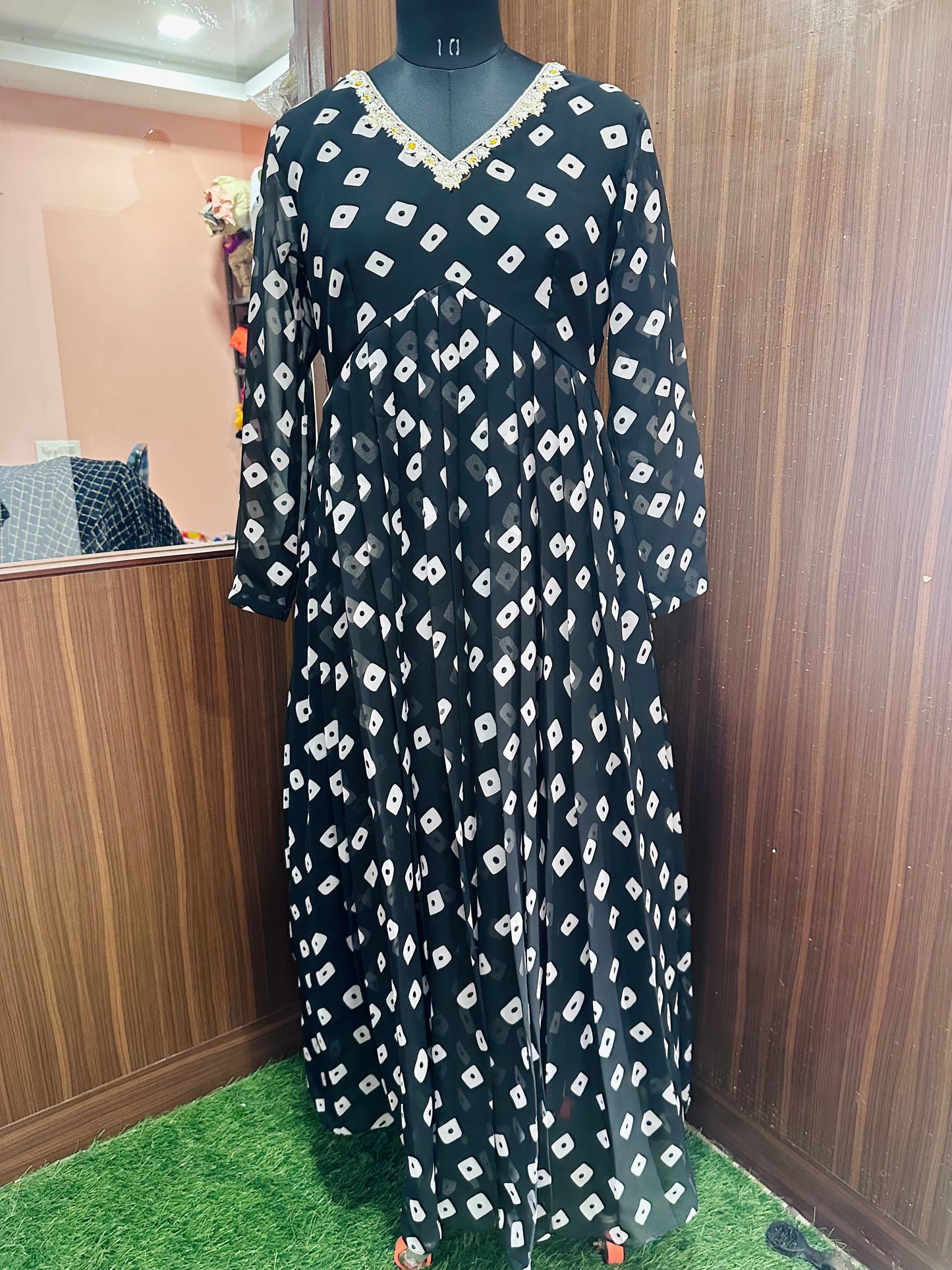 Black Bandhini Georgette Long Dress | Iron Pleats with Yoke Work